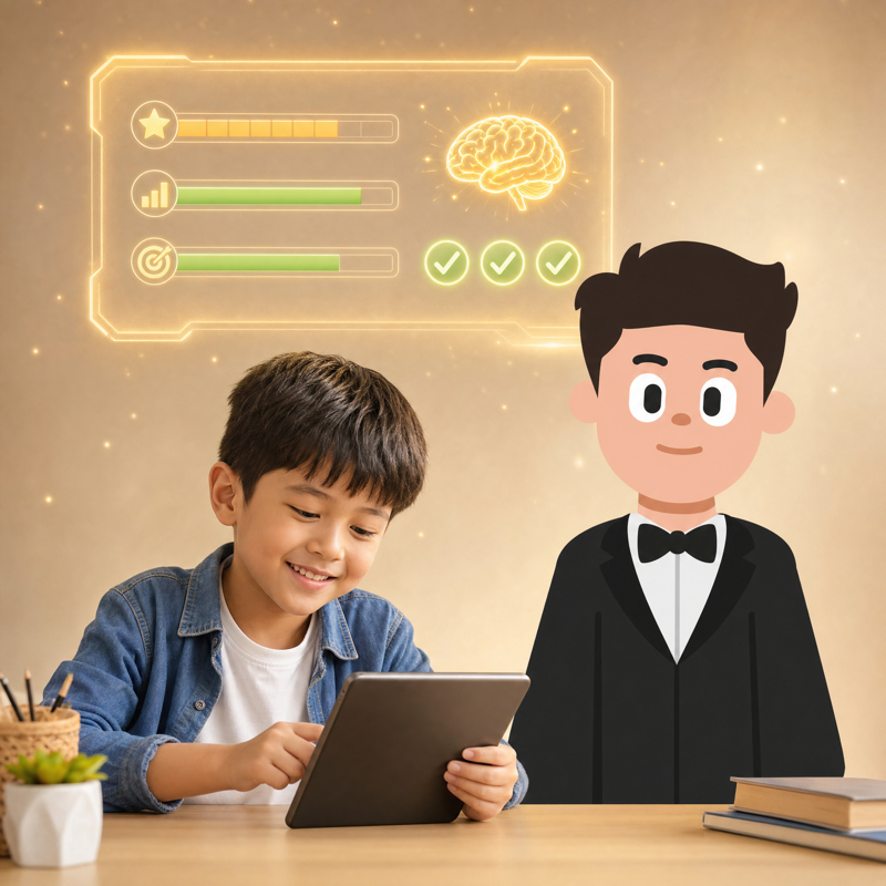 Guru AI Pak Leo mendampingi seorang anak belajar dengan analisis kemampuan personal
