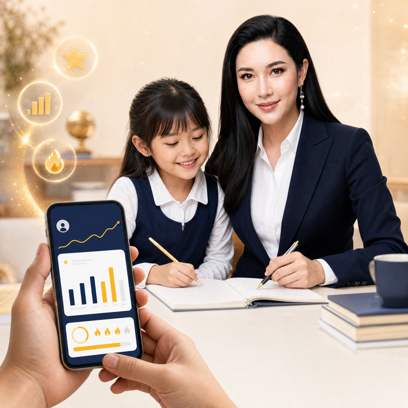 Mentor mendampingi anak belajar sementara orang tua memantau progres lewat dashboard